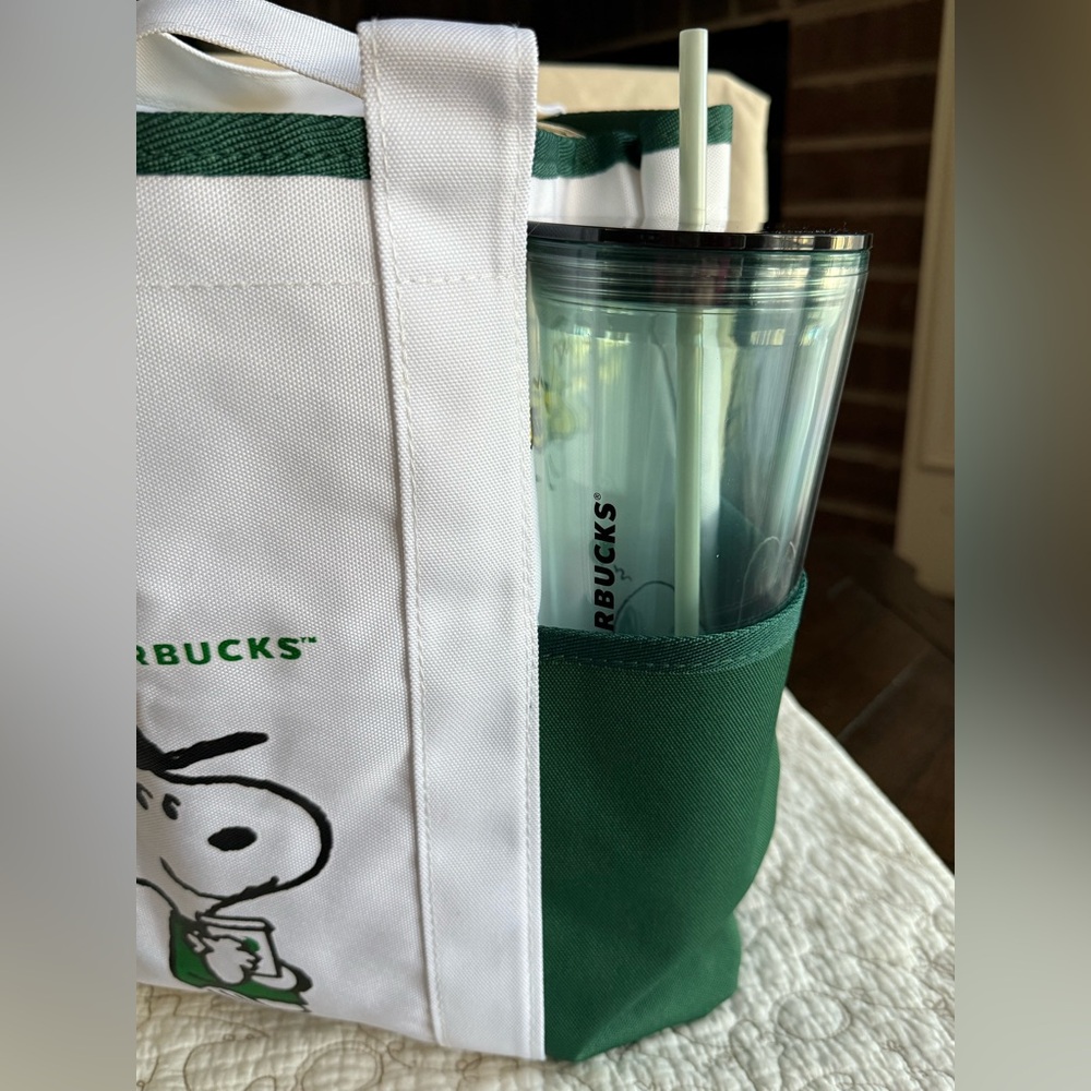 2025 New Starbucks Snoopy Tote Bag Shoulder Bag WHITE/GREEN Canvas - Picture 10 of 12